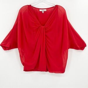 Robert Rodriguez Cherry Red Silk V-Neck Draped Dolman Sleeve Blouse Top